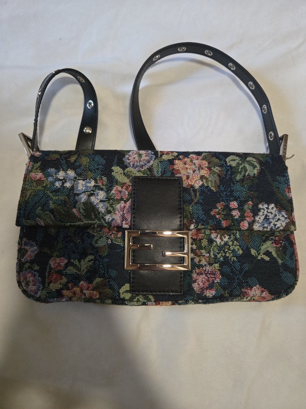 Vintage Floral Tapestry Shoulder Bag with Black Leather Trim